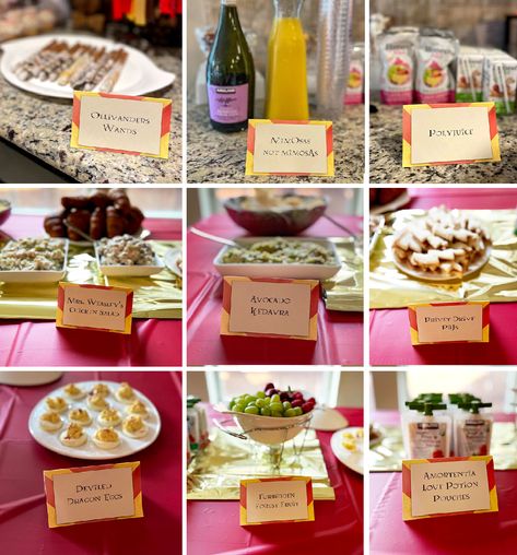 Harry Potter Sandwiches Food Ideas, Food For Harry Potter Theme Party, Harry Potter Party Appetizers, Gryffindor Food Ideas, Easy Harry Potter Food Ideas, Harry Potter Themed Meals, Gryffindor Themed Snacks, Harry Potter Themed Birthday Party Food, Food For Harry Potter Party