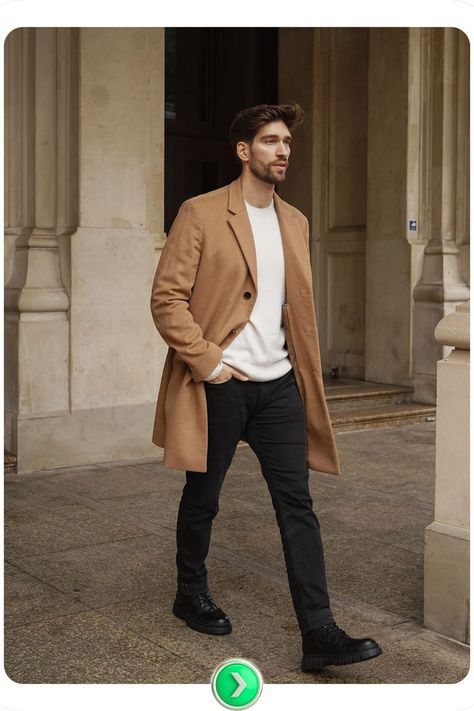 A camel coat over a white sweater combines warmth and old money elegance. Perfect for fall or winter outings, this look feels both stylish and approachable. Camel Coat Outfit Men, Classy Old Money Outfits, Camel Coat Men, Old Money Outfits For Men, Classy Old Money, Camel Coat Outfit, White Sweater Outfit, Old Money Outfits, Bold Statement Jewelry