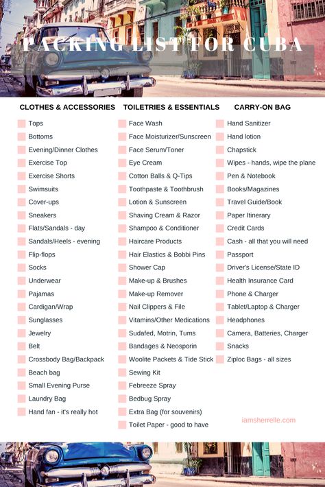 a free packing list for Cuba on iamsherrelle.com Cuba Bucket List, Cuba Packing List Travel Essentials, Packing For Cuba, Havana Cuba Travel, Cuba Travel Outfit, Cuba Packing List All Inclusive, Cuba Vacation Outfits, Cuba Packing List, Cuba Outfits