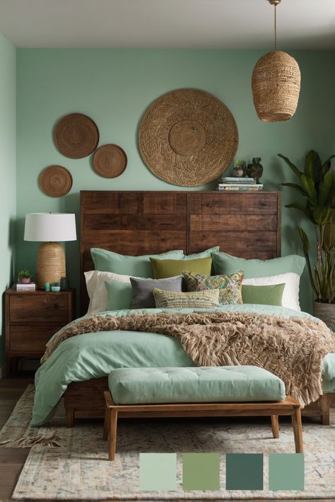 Discover how strategically using color blocking in your bedroom can create distinct zones, optimizing space and style effortlessly. #ad     #Colortrend #wallpaint2024  #color2024  #DIYpainting  ##DIYhomedecor  #Fixhome Sherwin Williams Halcyon Green, Paint Colors 2024, Dark Boho Living Room, Colors For 2024, Solid Wood Kitchen Cabinets, Halloween Bedroom Decor, Modern Boho Bedroom, Next Bedroom, Beige Color Palette