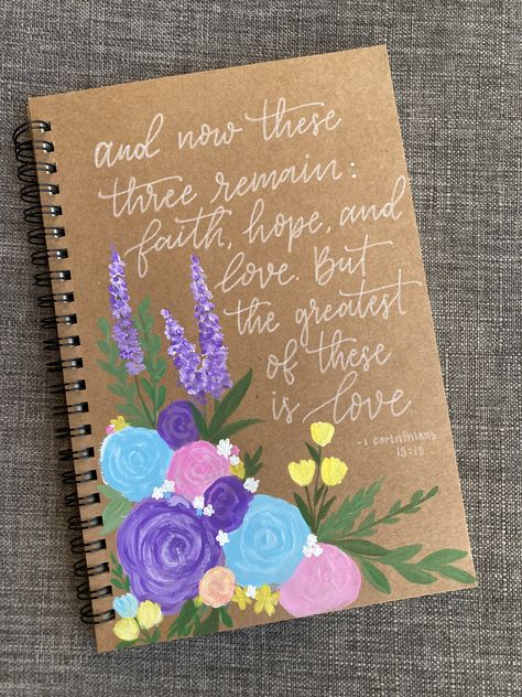 hand painted acrylic florals, hand lettered prayer journal Hand Painted Journal Cover, Painting On Notebook Cover, Painted Notebook Cover Diy, Notebook Painting Ideas, Painted Notebook Cover, Painted Clipboards, Notebook Painting, Painted Journals, Painted Journal