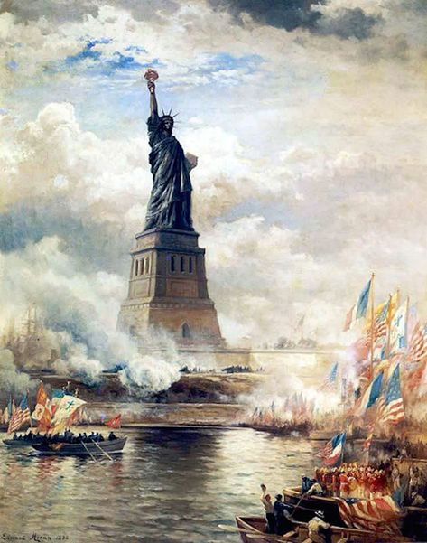 The Statue of Liberty was unveiled in 1886, America's 100th birthday. Construction began in France in 1876. She was an import from France, but she wasn't really a gift from the government. The statue maker, Frédéric Auguste Bartholdi, wanted so badly to construct a project to be displayed in America that he drummed up enough support on his own. Americans also helped pay for it. 22 Stories tall and 225 tons. Two year long restoration project in 1984. Statue got a new gold leaf copper torch. Statue Of Liberty Facts, New York Harbor, Lighthouse Art, The Statue Of Liberty, Ellis Island, Davos, Lady Liberty, Tile Murals, Poster Size