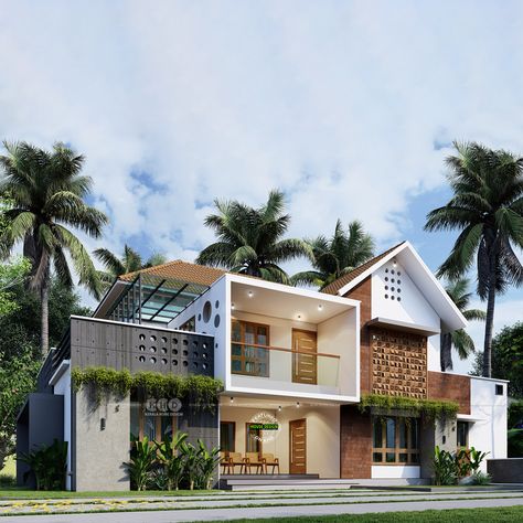 Elegant Box-Type Home Architecture - 2810 Square Feet - Exterior view Tropical Design House, Tropical House Design Exterior, House Design Front View, Kerala Elevation Design, 36 Feet Front Elevation Modern, Box Type House, Tropical Residence, Glass Pergola, Kerala House Design Traditional Elevation