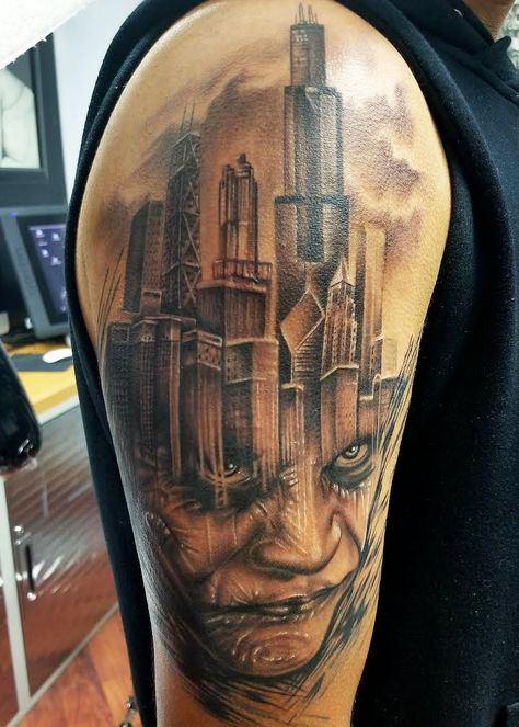 Chicago Sleeve Tattoo, Chicago Themed Tattoos, Chicago Tattoo Ideas Men, Chicago Tattoo Ideas, Chicago Skyline Tattoo, African American Tattoos, White Tattoo Ideas, Black Tattoo Ideas, Best 3d Tattoos