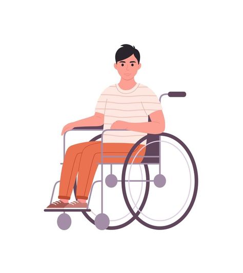 Disabled young man sitting in wheelchair. Male character with a physical disability. Vector Nature, Man Sketch, Physical Disabilities, People Figures, Disabled People, Man Sitting, Male Character, Story Prompts, Animation Reference