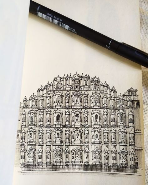 Fantastic Hawa Mahal in Jaipur, Rajasthan my art, drawing, architecture, illustration, Indian Culture, India, Asia, Dublenco. Rajasthan Architecture Sketches, Hawa Mahal Drawing, Travel Sketch Journal, Hawa Mahal Painting, India Culture Drawings, Hawa Mahal Illustration, Rajasthan Sketch, Hawa Mahal Sketch, Indian Monuments Drawings