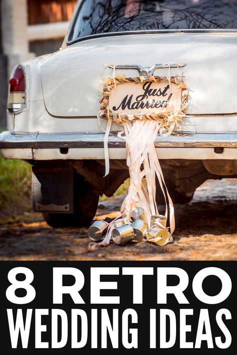 7 Retro Wedding Ideas | Planning a retro wedding? From choosing the decade, to your colour palette, decor, furnishings, hair, makeup, and outfits, there is a lot to consider and we have everything you need to get started. From a 20s Gatsby-inspired affair, to a Palm Springs-inspired 60s bash, we're sharing a list of thing to consider when planning a retro wedding, plus 7 retro wedding ideas for an unforgettable celebration for you and your guests! 1950s Wedding Ideas, Wedding Retro Decoration, Retro Style Wedding, Retro Wedding Theme Decor, Decades Wedding Theme, Wedding 50s Theme, 60s Theme Wedding, Retro Wedding Aesthetic, 1950s Wedding Theme