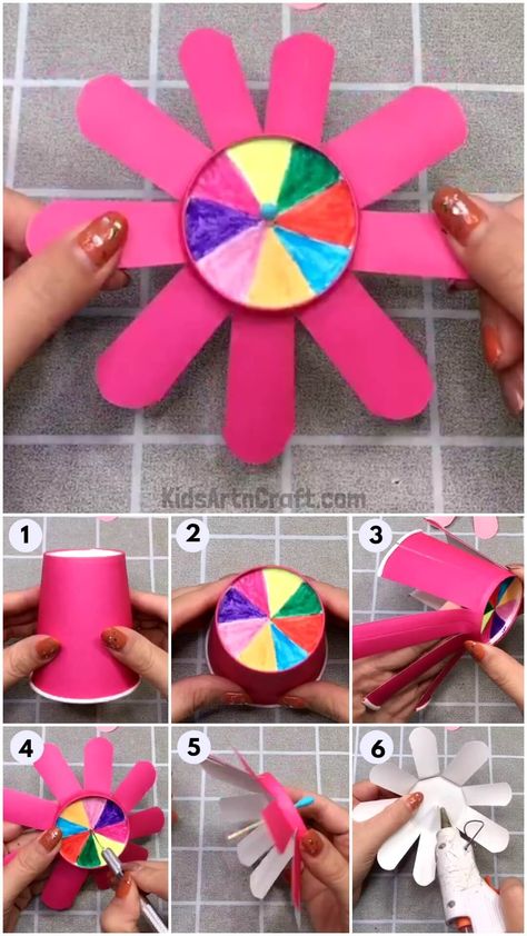 Fun To Make Paper Cup Spinning Toy Craft For Kids - Step by Step Tutorial Check more at https://www.kidsartncraft.com/paper-cup-spinning-toy-craft/ Paper Spinners, Pinwheel Craft, Adaptive Art, Body Parts Preschool, Cup Games, Art 2023, Egg Drop, Diy Tops, Cup Crafts