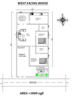 Autocad Drawing file shows 30'X60' Marvelous 2bhk West facing House Plan As Per Vastu Shastra. The total buildup area of this house is 1800 sqft. The kitchen is in the Southeast direction. The Dining is in the northeast. The puja room is in the south. The Hall is Placed in the Northeast direction of the house. The master bedroom is available in the southwest direction with the attached toilet available in the south direction. kid's bedroom is in the south direction. A staircase is available on 30×60 West Facing House Plan, 25x50 House Plans West Facing Vastu, 30x60 House Plans West Facing, West Facing House Plans Vastu 2bhk, West Face House Plan Vastu, West Facing House Plans Vastu, West Facing House Plan, Plot Map, House Vastu