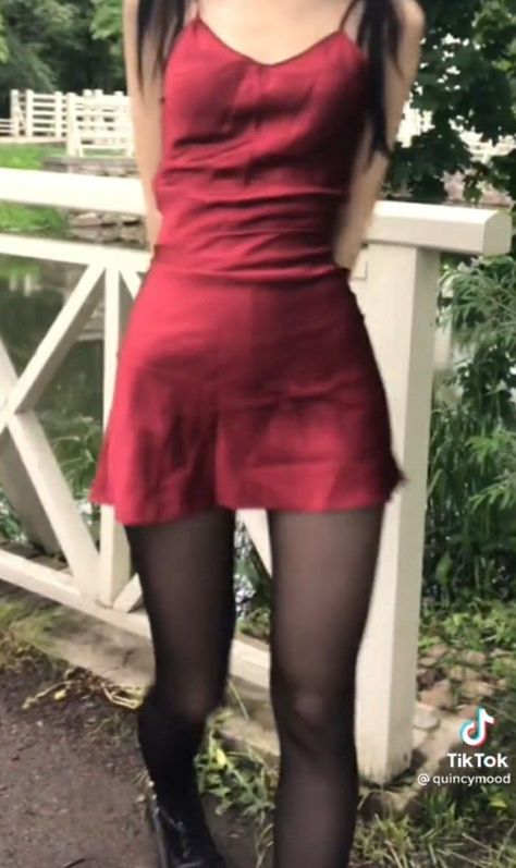 red dress black tights pale aesthetic vampire elena gilbert aesthetic Red Dress Black Tights, Satin Dress Black, Woods Aesthetic, Black Hair Girl, Red And Black Outfits, Red Satin Dress, Dress With Stockings, Aesthetic Red, Red Dress Outfit