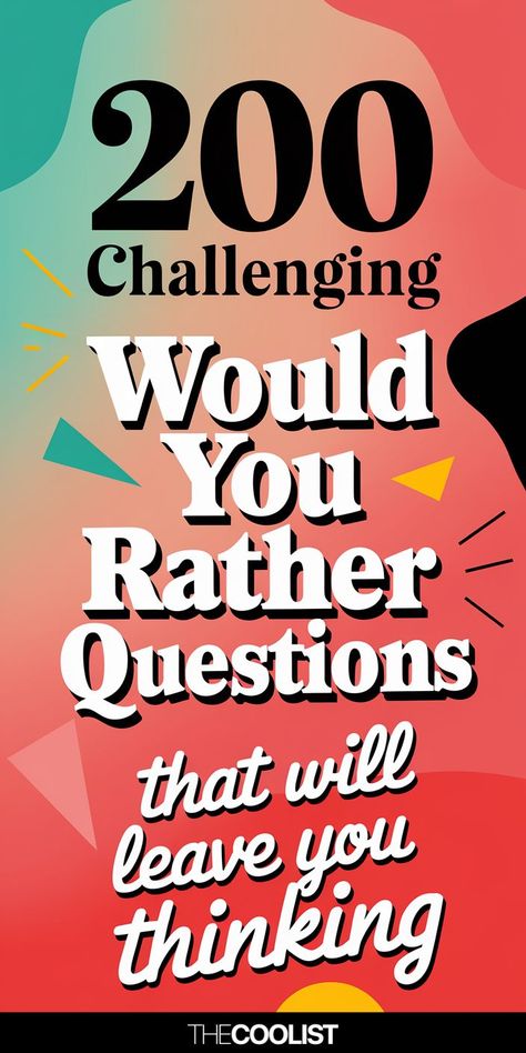 Get ready for serious fun with these 200 challenging ‘Would You Rather’ questions! Perfect for parties, game nights, or breaking the ice, these thought-provoking questions will have everyone laughing and debating. From tough choices that make you think to hilarious scenarios sparking creativity, there’s something for everyone. Whether playing with friends, kids, or adults, these questions guarantee great conversations. Click now to test your decision-making skills and see how others respond! Good Questions To Ask, 200 Questions, Would You Rather Game, Conversation Questions, Rather Questions, Good Questions, Would You Rather Questions, Question Game, Fun Questions To Ask