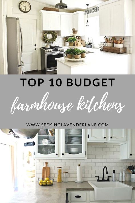 Top 10 Before and After makeovers of the BEST Farmhouse kitchens! See how to achieve each look with small budgets and a ton of DIY. Small Older Home Kitchen Remodel, Diy Farmhouse Makeover, Farmhouse Kitchen Must Haves, Diy Kitchen Cabinets Painting Rustic Farmhouse Style, Diy Farmhouse Kitchen Ideas, Small Country Kitchen Farmhouse Style Decorating Ideas, Farmhouse Makeover On A Budget, Small Modern Farmhouse Kitchen Ideas, Kitchen Makeover Ideas Farmhouse