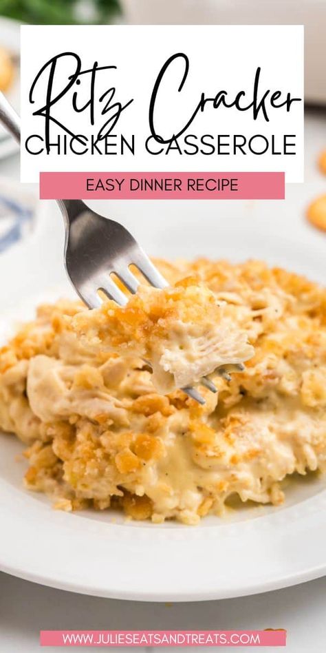 Looking for a delicious and easy dinner recipe? Try this Ritz Cracker Chicken Casserole with a crispy, buttery topping and creamy shredded chicken. You'll have this crowd-pleasing dish on the table in no time! Ritz Crackers Chicken, Cracker Casserole, Dump And Bake Casseroles, Cracker Chicken Casserole, Casserole Crock Pot Recipes, Ritz Chicken Casserole, Ritz Cracker Chicken Casserole, Easy Dinner For Two, Ritz Chicken