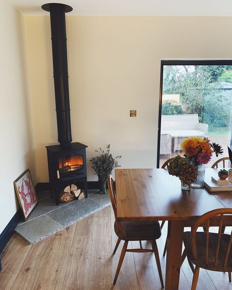 Log Burner In Corner, Corner Log Burner, Victorian Terrace Interior, Corner Stove, Wood Burner Fireplace, Orangery Extension, Garden Room Extensions, Room Extensions, Kitchen Wood