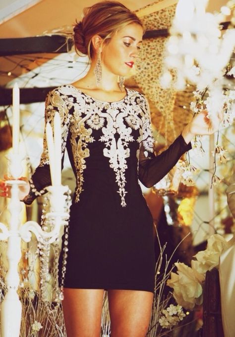 Reach for a black embroidered party dress for a seriously stylish look.  Shop this look for $52:  http://lookastic.com/women/looks/silver-earrings-black-embroidered-party-dress/4399  — Silver Statement Earrings  — Black Embroidered Party Dress Gold Holiday Dress, Gorgeous Prom Dresses, Black Embroidered Dress, Dress Chiffon, فستان سهرة, Baroque Fashion, Puffed Sleeves Dress, Mode Inspiration, Fancy Dresses