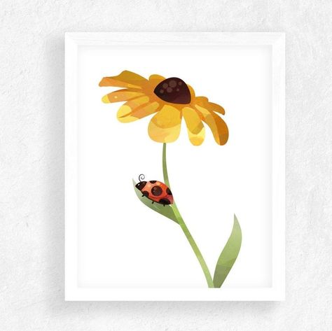 Ladybug Room, Ladybug Nursery, Sunflower Nursery, Girls Room Wall Decor, Ladybug Art, Girls Room Wall Art, Kids Room Wall Decor, Watercolor Sunflower, Sunflower Art