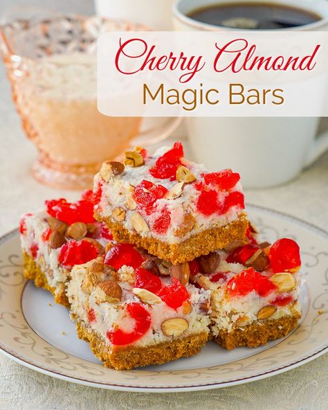 Cherry Almond Magic Bars. One of the easiest cookie bar recipe of all time gets a festive flavour twist with glacé cherries and tasty toasted almonds. Cookie Bars Easy, Cherry Bars, Magic Bars, Rock Recipes, Dessert Bar Recipe, Festive Cookies, Peanut Butter Cake, Homemade Peanut Butter, Cherry Almond