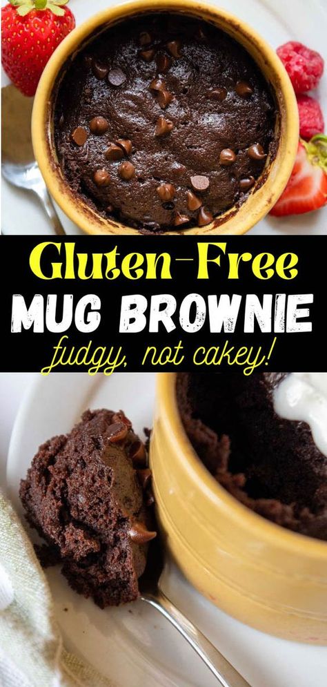 Enjoy an amazing GF chocolate dessert in only one minute! This gluten-free mug brownie recipe has the perfect balance of texture – rich and fudgy without being undercooked and goopy. Discover many easy tricks right here, along with versatile options for egg-free, vegan, dairy-free, or cakey single-serving dessert! Gluten Free Single Serve Desserts, Gluten Free Brownie In A Mug, Gluten Free Single Serve, Mamagourmand Recipes, Mug Brownie Recipe, Mug Brownie Recipes, Gluten Free Mug Cake, Mug Brownie, Gluten Free Brownies Recipe