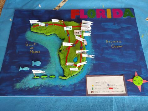 3d florida project using salt dough, some slime, acrylic paint. 4th grade project Florida Salt Dough Map, Explorer Theme, Florida Project, Presentation Ideas For School, Dough Ideas, Florida Poster, Mexico Map, Notes Aesthetic, Poster Project