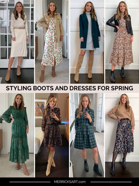 Boots With Summer Dress, Nap Dress Outfit Fall, Dress With Boots Work Outfit, Winter Business Dress Outfits, Work Dresses With Boots, Spring Luncheon Outfits, Work Party Outfit Spring, Shift Dress With Boots, Booties For Dresses