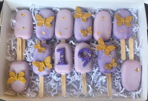 #cakesicles #purpletheme #treats #gold #butterflies Birthday Cakesicles Ideas, Butterfly Cake Popsicles, Purple Cakesicles Ideas, Purple Cakesicles, Butterfly Treat Table, Purple And Gold Butterfly Theme, Purple Butterfly Chocolate Covered Strawberries, Butterfly Theme Cakesicles, Cake Pops Butterfly Theme