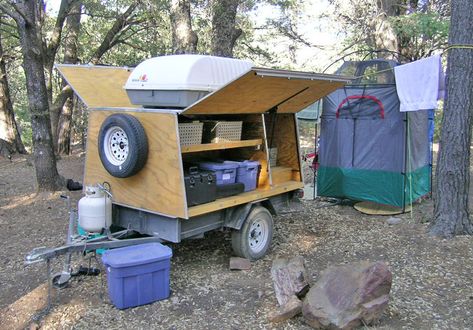 Image Camping Gear Trailer, Camping Gear Diy, Compact Camping, Camping Trailer Diy, Outdoor Camping Kitchen, Trailer Tent, Kayak Trailer, Adventure Trailers, Trailer Diy