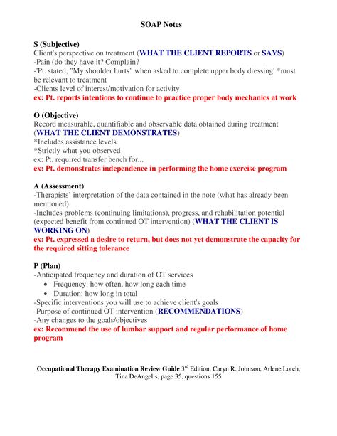 SOAP Notes  Occupational Therapy Examination Review Guide 3rd Edition, Caryn R. Johnson, Arlene Lorch,  Tina DeAngelis, page 35, question 155 Masters Of Occupational Therapy, Occupational Therapy Study Notes, Pre Therapy Notes, Occupational Therapy Documentation, Nbcot Exam Prep, Soap Note Template, Nbcot Exam, Notes Guide, Occupational Therapy Schools