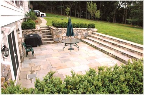 Deck Stairs To Patio Transition, Sunken Patio Walkout Basements, Egress Patio, Basement Exterior Entrance, Sunken Patio Retaining Walls, Basement Walkout Ideas Retaining Walls, Patio Walkout Basement, Walk Out Basement Landscaping, Sunken Patio Ideas