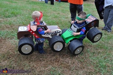 Justin: Grave Digger: Henry Engle – age 2 Monster Mutt: George Engle– age 2 Shortly after our twin boys turned 1 we bought them their first monster trucks. Henry picked Grave... Costumes For Twins, Monster Truck Costume, Digger Costume, Truck Costume, Creative Costume Ideas, Monster Jam Birthday Party, Twin Costumes, 2015 Halloween Costumes, Creative Costume