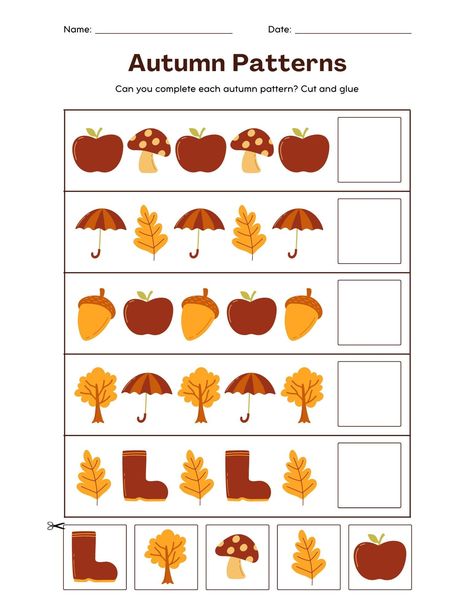 🍂 Autumn Patterns Worksheet | Digital Download 🍁 Bring the cozy vibes of fall into your learning activities with this charming Autumn Patterns Worksheet! Featuring delightful autumn-themed illustrations like acorns, mushrooms, apples, umbrellas, and leaves, this worksheet is perfect for enhancing pattern recognition and sequencing skills in a fun and engaging way. Ideal for classrooms, homeschool settings, or just a fun autumn activity at home, this digital download is easy to print and use. Simply download, print, and watch your students or little ones enjoy learning as they explore the beauty of the autumn season. What's Included: 1 Printable Autumn Patterns Worksheet (PDF) Cute and vibrant illustrations Designed for kids of all ages Uses: Pattern recognition Sequencing practice Season Fall Patterns Kindergarten, Autumn Worksheets Preschool, Autumn Worksheets For Kids, Autumn Worksheet, Patterns Worksheet, Autumn Patterns, Autumn Activity, Ab Patterns, Beginning Sounds Worksheets