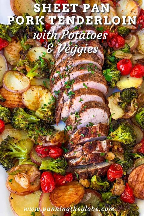 Here's a recipe for a whole dinner you can make on a sheet pan with 30 minutes of prep. Tender juicy spice-crusted pork tenderloin with roasted baby potatoes, broccoli and cherry tomatoes. This is a great recipe for for the weeknight dinner rotation. Pork Tenderloin Recipe Easy Sheet Pan Dinner, Pork Tenderloin With Tomatoes, Roasted Tenderloin Pork, Roast Pork Tenderloin With Vegetables, Sheet Pan Pork Tenderloin And Potatoes, Roasted Pork Tenderloin With Potatoes, One Pan Pork Loin Dinner, Pork Tenderloin With Roasted Vegetables, One Pan Pork Tenderloin And Potatoes