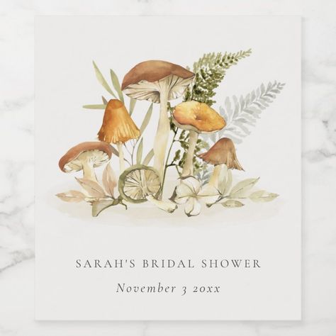 Rust Orange Mushroom Fern Foliage Bridal Shower Wine Label  Zazzle Mushroom Wedding, Merry Mushroom, Yellow Mushroom, Orange Mushroom, Bridal Shower Balloons, Vintage Wedding Cards, Honeymoon Fund, Foliage Wedding, Engagement Invitations