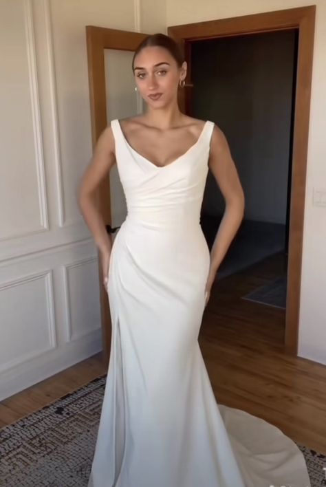 Wedding Dresses Simple Deep V, Minimal Classy Wedding Dress, Simple Ruched Wedding Dress, V Neck Open Back Wedding Dress, Square Neck Mermaid Wedding Dress, Classy Timeless Wedding Dress, Morning Wedding Dress, Wedding Dresses For Big Busts, Simple Fitted Wedding Dress