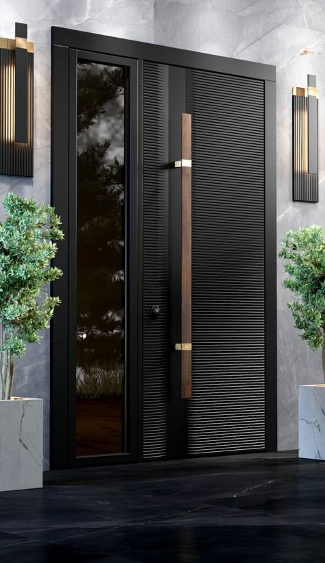 House Entrance Doors, Black Exterior Doors, Modern Entrance Door, Home Gate Design, Gate Designs Modern, Main Entrance Door Design, Steel Door Design, Stylish Doors, Front Gate Design