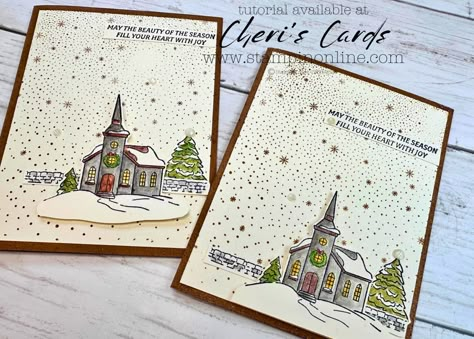 Christmas Church in Yuletide Village: Simple Shimmery Stampin Up Card Christmas Village Card, Christmas Card Online, Stampin Up Card, Create Christmas Cards, Christmas Church, Window Cards, Christmas Gingerbread House, Stampin Up Christmas Cards, Stampin Up Christmas