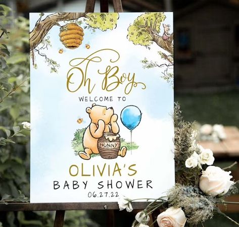 Winnie the Pooh Themed Baby Shower Decorations and Favors – Baby Shower Ideas 4U Winnie The Pooh Themes, Winnie The Pooh Baby Shower, Boy Baby Shower Ideas, Classic Winnie The Pooh, Pooh Baby, Shower Bebe, Shower Welcome Sign, Baby Shower Welcome Sign, Baby Bear Baby Shower