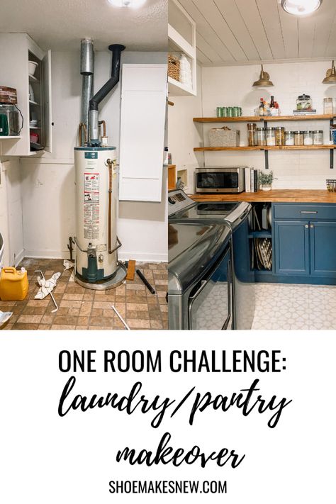 Pantry makeover: Before and after One Room Challenge reveal - Shoe Makes New Laundry / Pantry Room, Laundry With Pantry Room Ideas, Half Laundry Room Half Pantry, Basement Laundry Room And Pantry, Combo Laundry And Pantry, Kitchenette And Laundry Room, Laundry Closet Into Pantry, Laundry Room Turned Into Pantry, Laundry Room Pantry Combo Diy