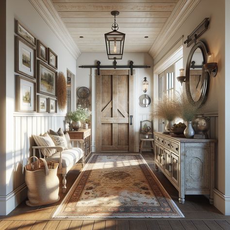 There should be a hallway runner rug with traditional patterns, a console table on one side where family photos and a vase with some wildflowers is displayed. On the walls, there should be decorative elements like vintage mirrors and antique sconces. An old barn door on the side to create a charming separation between the spaces, and large windows at the end of the hallway to bring in natural light. This image is meant to serve as an inspiration for a remodel. Rustic Hallway Ideas, Small Hallway Ideas Entrance Halls, Old World Interiors, Rustic Hallway, Small Hallway Ideas, Rustic Entryway, Home Entrance, Small Hallways, Entrance Hallway