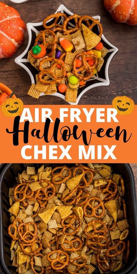 Sweet And Crunchy Halloween Chex Mix Recipes, Air Fryer Halloween Recipes, Air Fryer Chex Mix Recipes, Halloween Air Fryer Recipes, Halloween Camping Food, Halloween Mix Snack, Halloween Snack Mix Recipes, Chex Treats, Chex Cereal Recipes