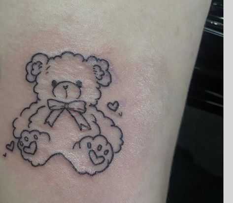 Bear Holding Heart Tattoo, Corduroy Bear Tattoo, Kawaii Bear Tattoo, Teddy Bear Traditional Tattoo, Matching Teddy Bear Tattoos, Baby Bear Tattoo Ideas For Women, Childhood Teddy Tattoo, Stuffed Bear Tattoo, Plushie Tattoo