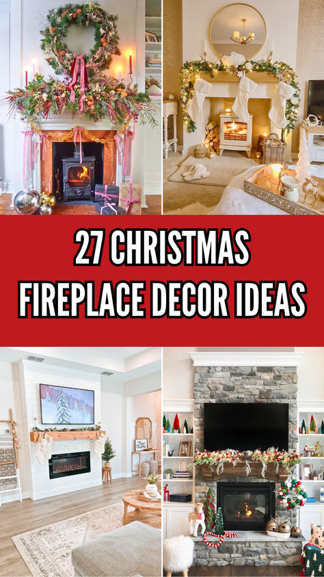 A collage of cozy Christmas fireplace decor including garlands, stockings, twinkling lights, wreaths, and beautifully styled mantels for holiday inspiration. Fireplace Wall Christmas Decor, Above Fireplace Christmas Decor, Decorating A Fireplace For Christmas, Christmas Mantel Decorating Ideas Rustic, Fireplace Tv Stand Decor Ideas, Decorate Fireplace For Christmas, Fireplace Ideas Christmas, Christmas Mantels With Tv, Fireplace Tv Stand Decor