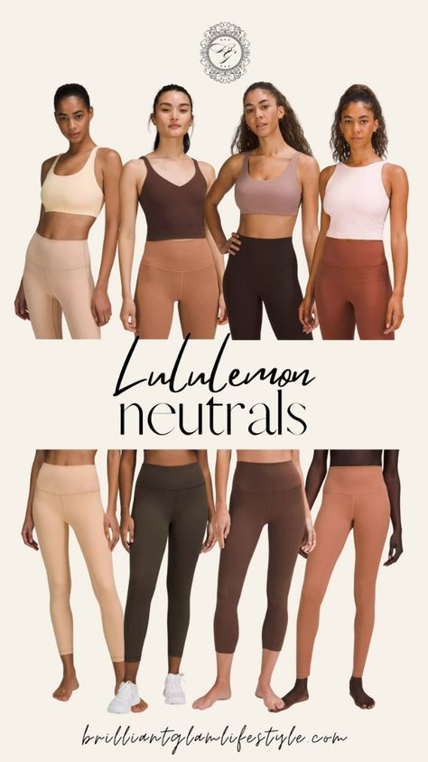 Neutral Workout Outfits Women, Nude Gym Outfit, Neutral Athletic Wear, Lululemon Capsule Wardrobe, Neutral Gym Outfits, Neutral Workout Outfits, Elegant Gym Outfit, Neutral Activewear, Workout Outfits Aesthetic