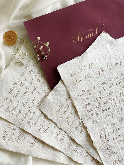 A beautifully worded letter from Bride to Groom, on their wedding day. ❤️ Write a letter to your partner for the wedding day, because it’s the day where you declare your love and part of that is putting your love in writing as a way to have it endure for all time. ❤️✨ . . .  #nibsandtools #weddingvows #copperplatecalligraphy #calligraphy #pointedpencalligraphy #moderncalligraphy  #waxseal #handwritten #personalised #lettering  #calligrapher #entrepreneur  #watercolor #weddingcalligraphy #gifting Letters To The Bride, 2024 Bride, Pointed Pen Calligraphy, Write A Letter, Old Letters, Wedding Letters, Bride Guide, Letter To Yourself, Handwritten Letters