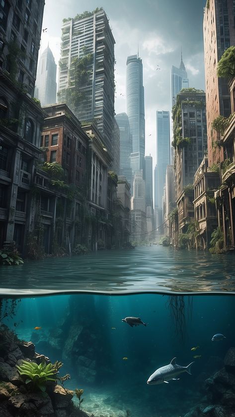 City Iphone Wallpaper, Apocalypse Landscape, Post Apocalyptic City, Dystopian Art, Apocalypse World, Apocalypse Aesthetic, Post Apocalyptic Art, Underwater City, Apocalypse Art