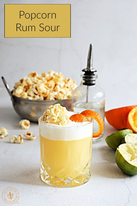 The popcorn rum sour combines the classic sour cocktail elements of sweet and citrus with a popcorn infused simple syrup.