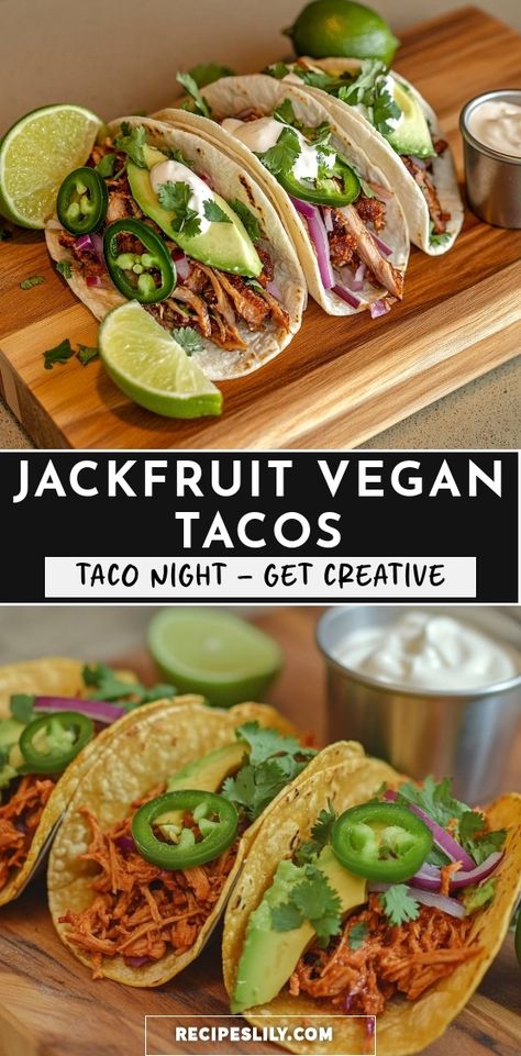 Join me for a flavorful taco night with these mouthwatering jackfruit vegan tacos! Loaded with tender jackfruit, fresh toppings, and a squeeze of lime, they’re perfect for any gathering. Get creative with your favorite salsas and toppings for a personalized touch! Canned Jackfruit Recipes, Jackfruit Ribs, Jackfruit Tacos Vegan, Jackfruit Vegan Recipes, Jack Fruit Recipes, Corn Empanadas, Easy Vegan Dinner Ideas, Vegan Meat Recipe, Jackfruit Tacos