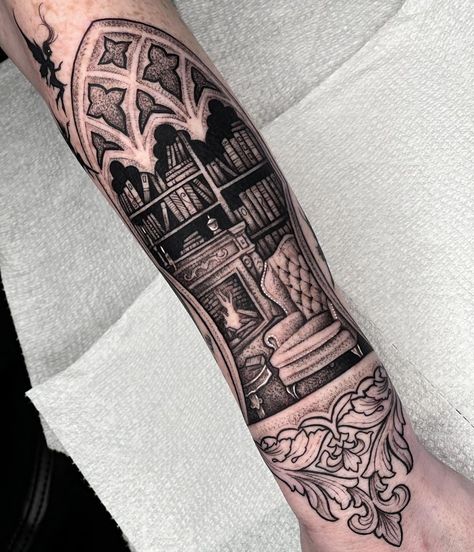 Library Tattoo, Forearm Cover Up Tattoos, Shadow Tattoo, Bookish Tattoos, Fantasy Tattoos, Spooky Tattoos, Gothic Tattoo, Architecture Tattoo, Book Tattoo