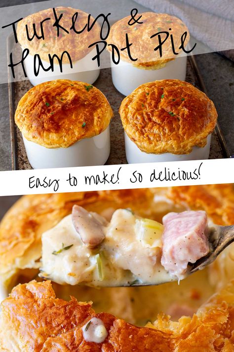 Turkey And Ham Pot Pie, Turkey Leftover Pot Pie, Turkey Pot Pie Filling Recipe, Leftover Turkey Pot Pie Recipe, Turkey And Ham Pie, Ham Pot Pie, Pot Pie Recipes, Puff Pastry Crust, Pot Pie Filling