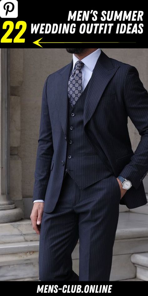 Dapper and Stylish: Men’s Summer Wedding Outfit Trends for 2023 Men In Three Piece Suits, Mens Work Suit, Gentleman Suit Classy, Men’s Black Pinstripe Suit, Stripe Suits For Men, Farewell Suits Men, French Suits Men, Striped Suits Men, Pinstripe Suits Men