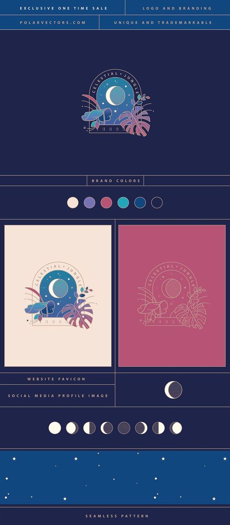 Exclusive- One Time Sale, Trademarkable logo and branding Celestial Jungle Exclusive Logo and branding set includes two logo options (color logo and simple line logo), brand colors, 1 seamless pattern, favicon icon and moon phases icons. #polarvectors #trademarkablelogo #exclusivelogo #astrologylogo #tarotlogo #bohologo #boholineartlogo #logodesign #logoandbranding #brandinginspiration #logoinspiration Monstera Leaf Outline, Spiritual Logo, Logo Options, Line Art Style, Leaf Outline, Sale Logo, Line Logo, Moon Logo, Logo And Branding